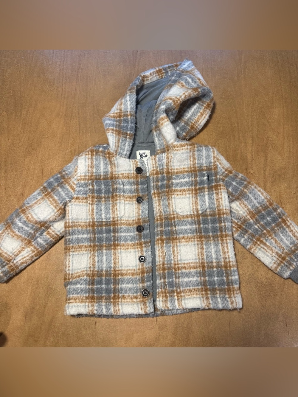 Baby B'gosh Hooded Plaid Puffer Jacket in Gray & Brown